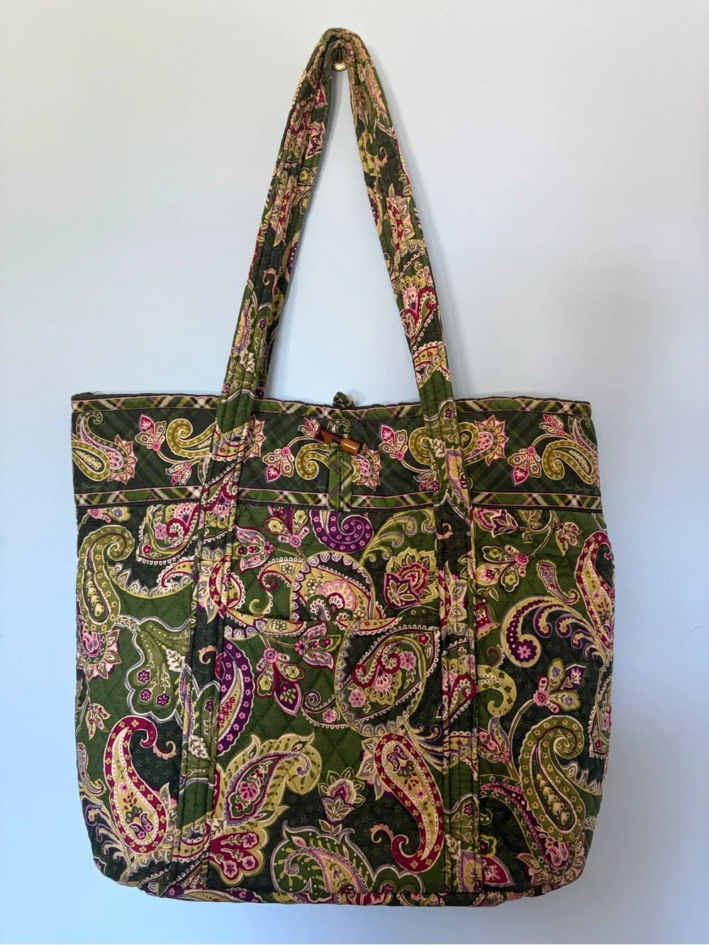 Vera Bradley Olive Green Paisley Quilted Tote with Pink Accents